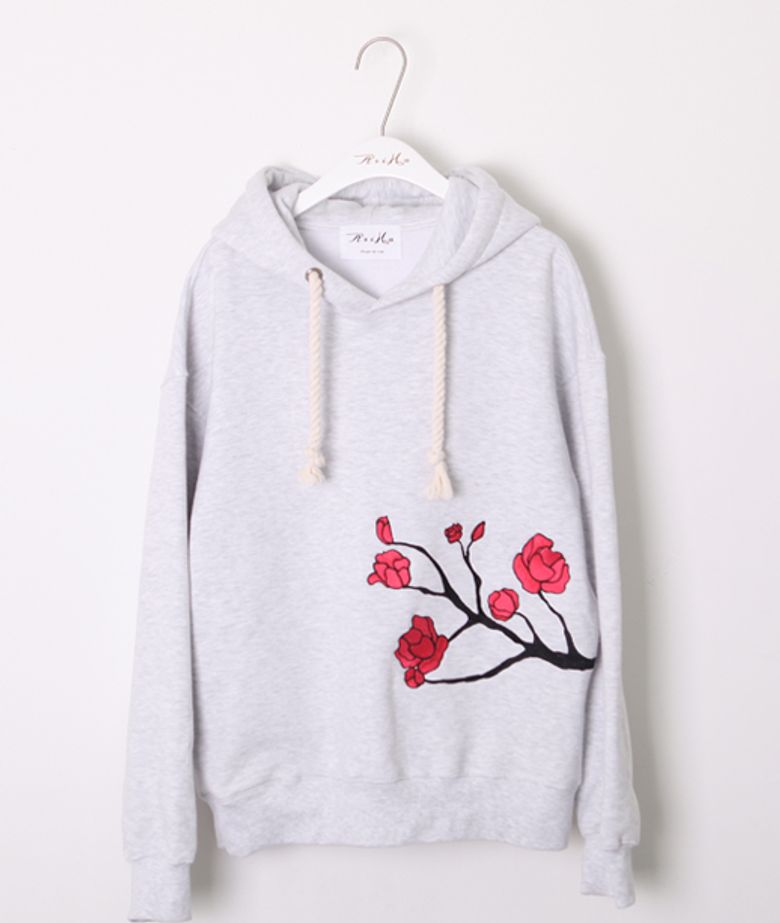 M [F/W] AsiHa 기모 동백자수 후드티 White