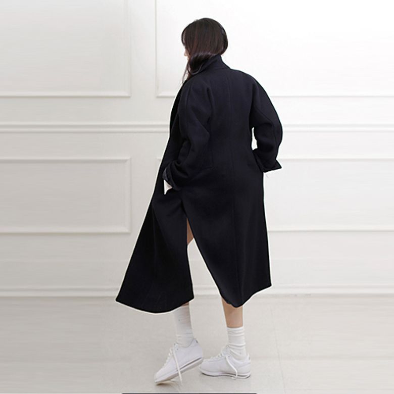 SIDE SLIT VOLUME WOOL COAT (NAVY)