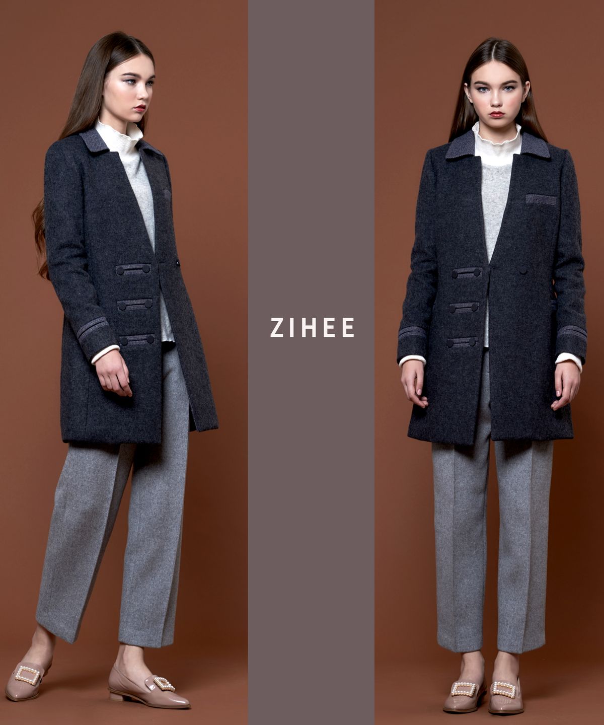 지희(ZIHEE) 그레이 양면 울 테리 재킷형 반코트
