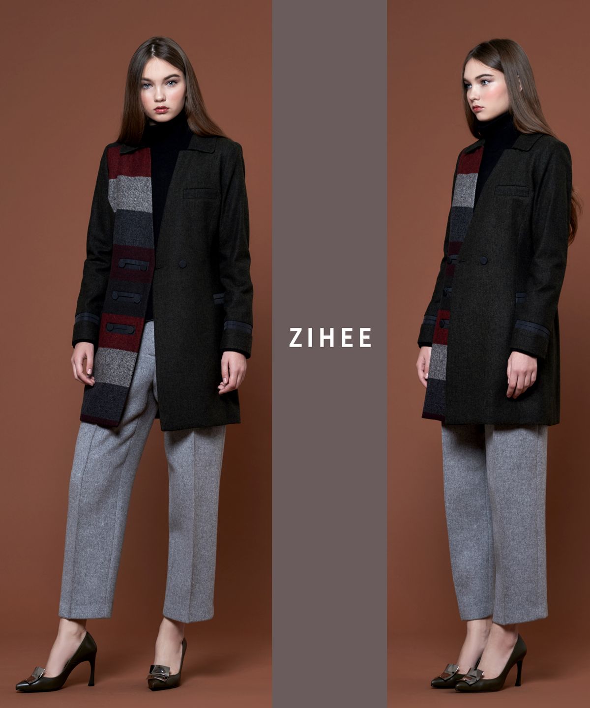 지희(ZIHEE) 카키 울 헤링본 한쪽 단가라 재킷형 반코트