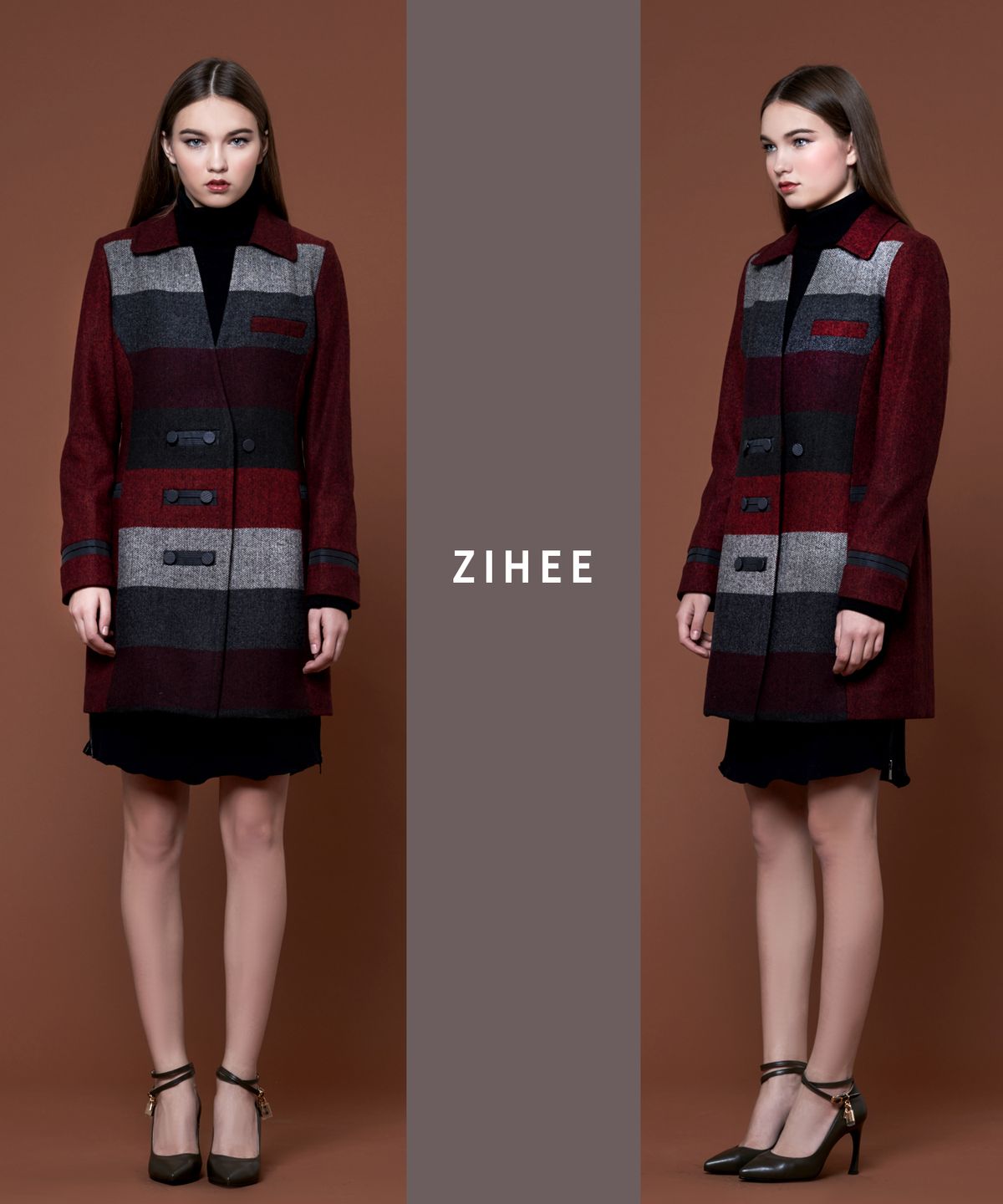 지희(ZIHEE) 버건디 울 헤링본 양쪽 단가라 재킷형 반코트