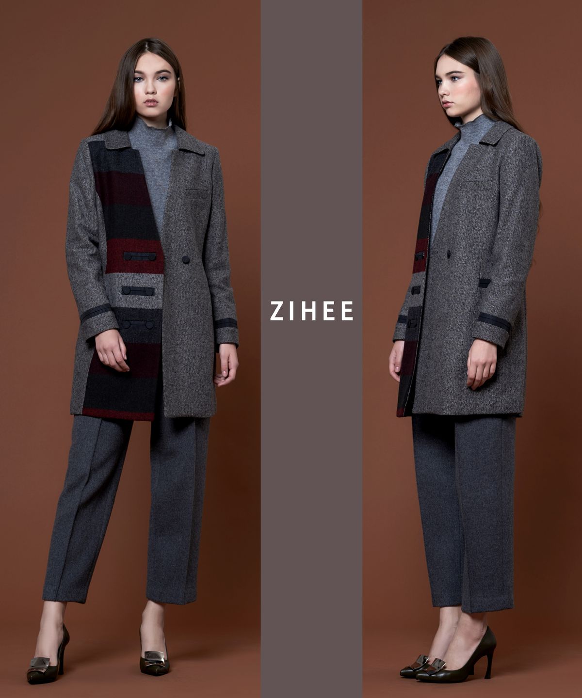 지희(ZIHEE) 그레이 울 헤링본 한쪽 단가라 재킷형 반코트