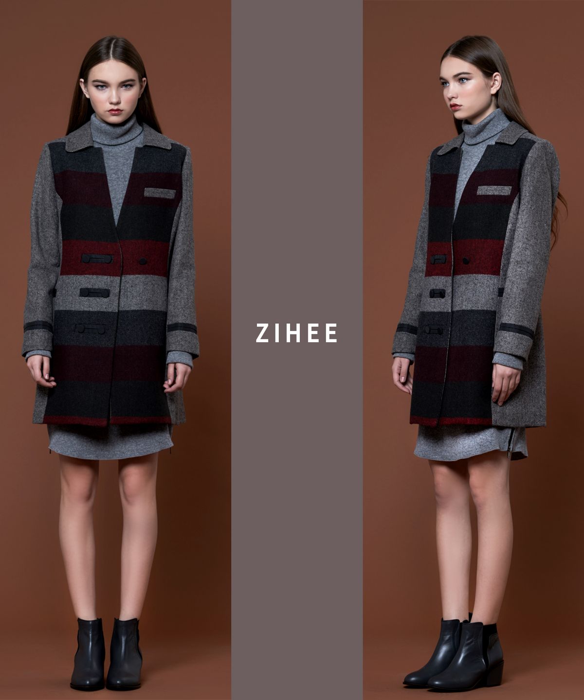 지희(ZIHEE) 그레이 울 헤링본 양쪽 단가라 재킷형 반코트
