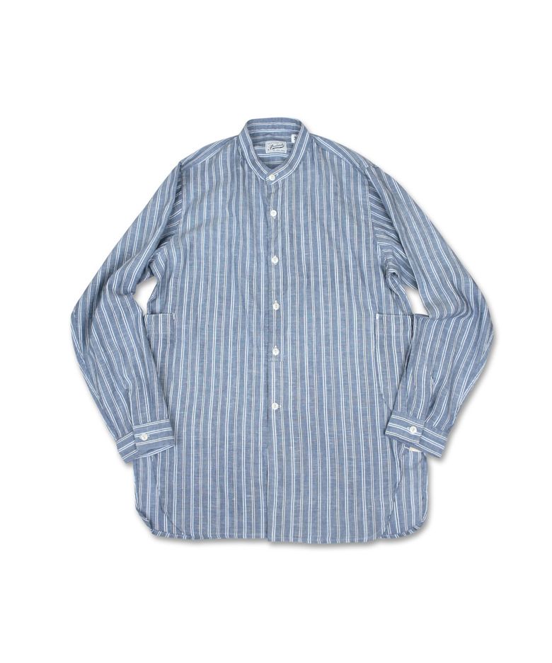 swellmob linen collarless french work shirts -stripe-