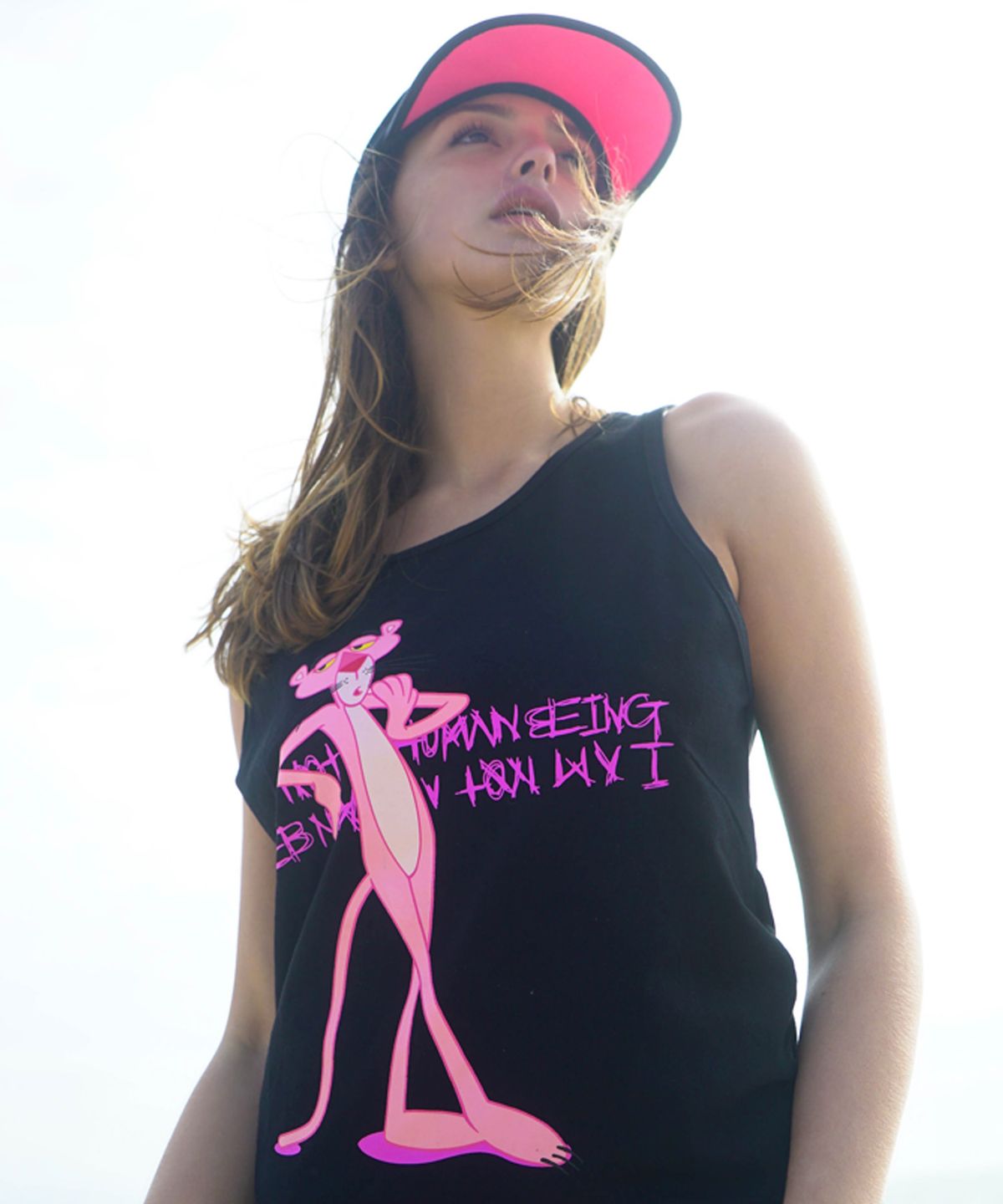 아임낫어휴먼비잉(I AM NOT A HUMAN BEING) HBXPP Pink Panther Leaning Against Our Logo Tank Top - Black