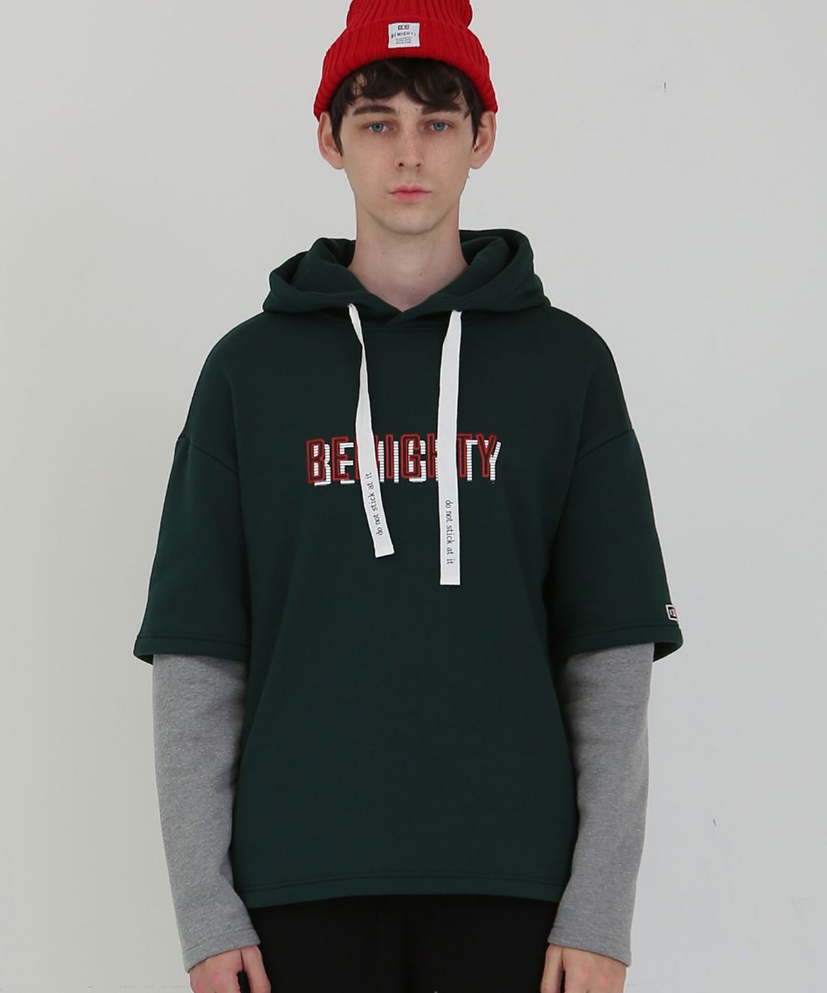 비마이티(BEMIGHTY) 소매 레이어드 오버핏 기모 후드티 그린