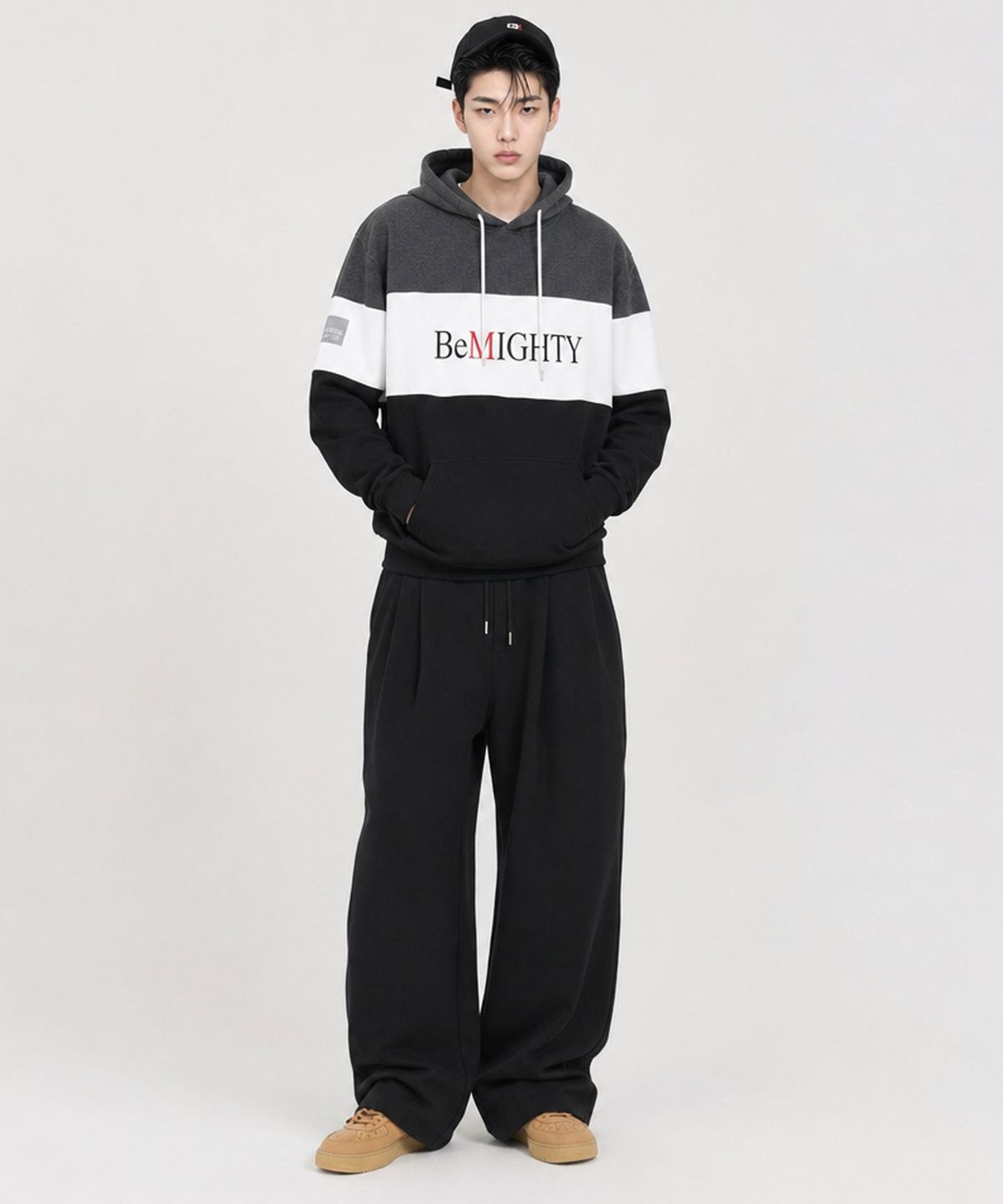 비마이티(BEMIGHTY) 3M전사나염 블록 절개 오버핏 기모 후드티 그레이