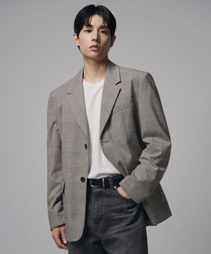 오버사이즈 미니멀 체크 블레이저 [BEIGE]