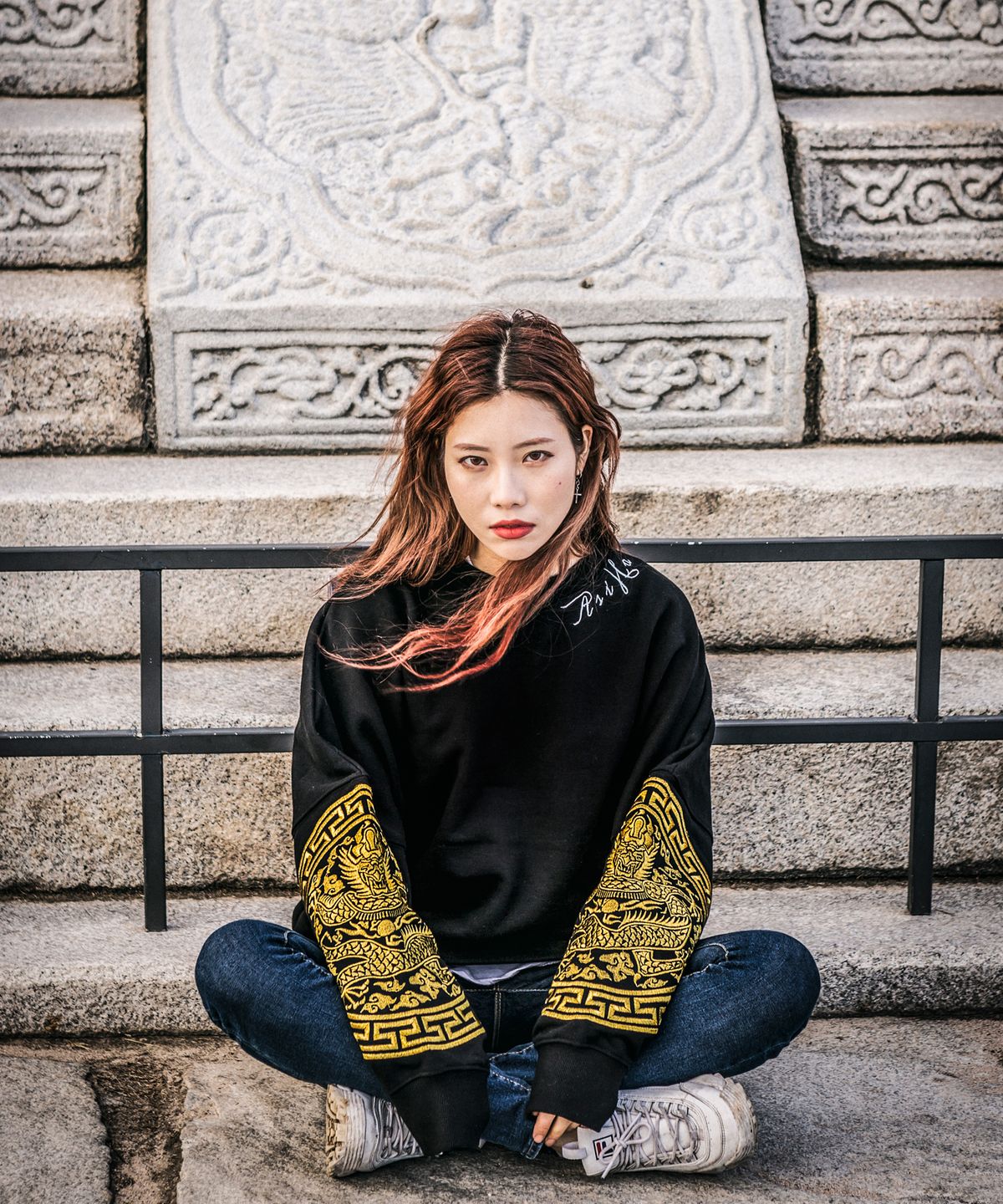 아시하(ASIHA) M [S/S]  오조룡 맨투맨 Black