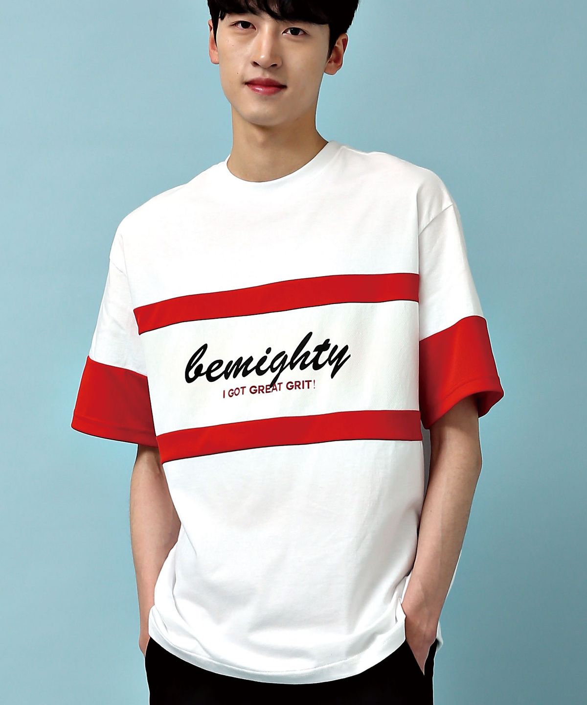 비마이티(BEMIGHTY) 메쉬배색 컬러블록 오버핏 반팔티 화이트