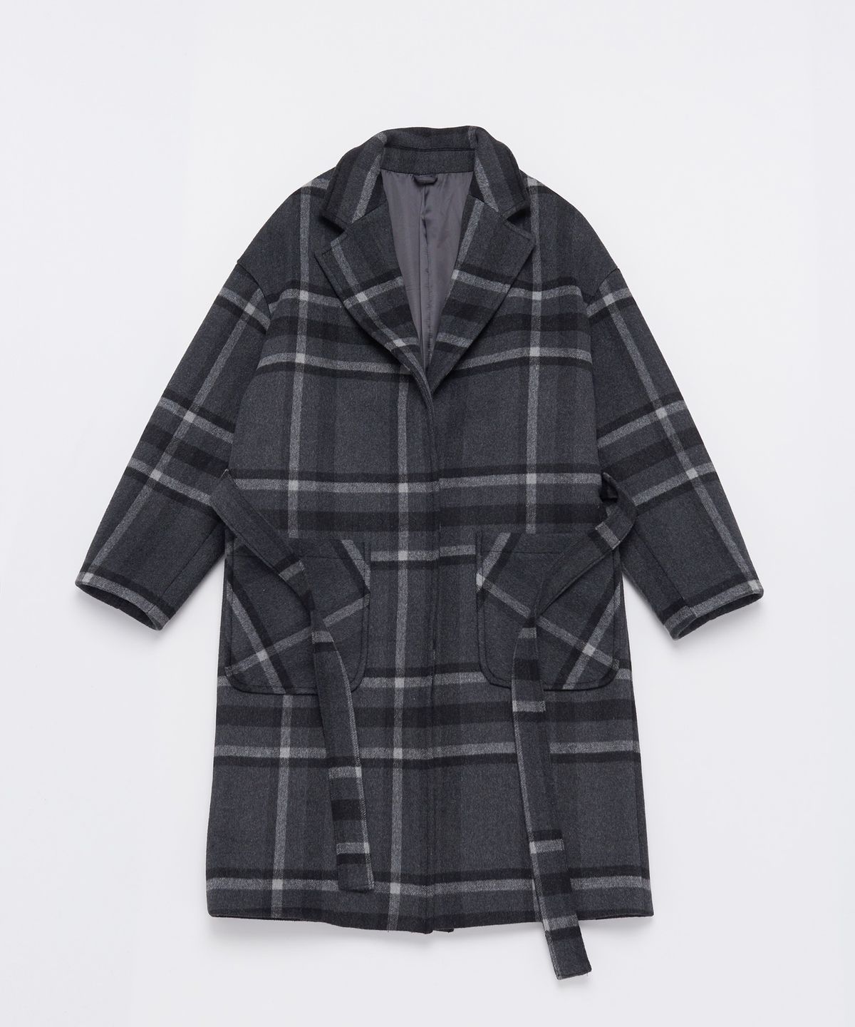 어낫띵(A NOTHING) OVERSIZE WOOL CHECK ROBE COAT (Charcoal)
