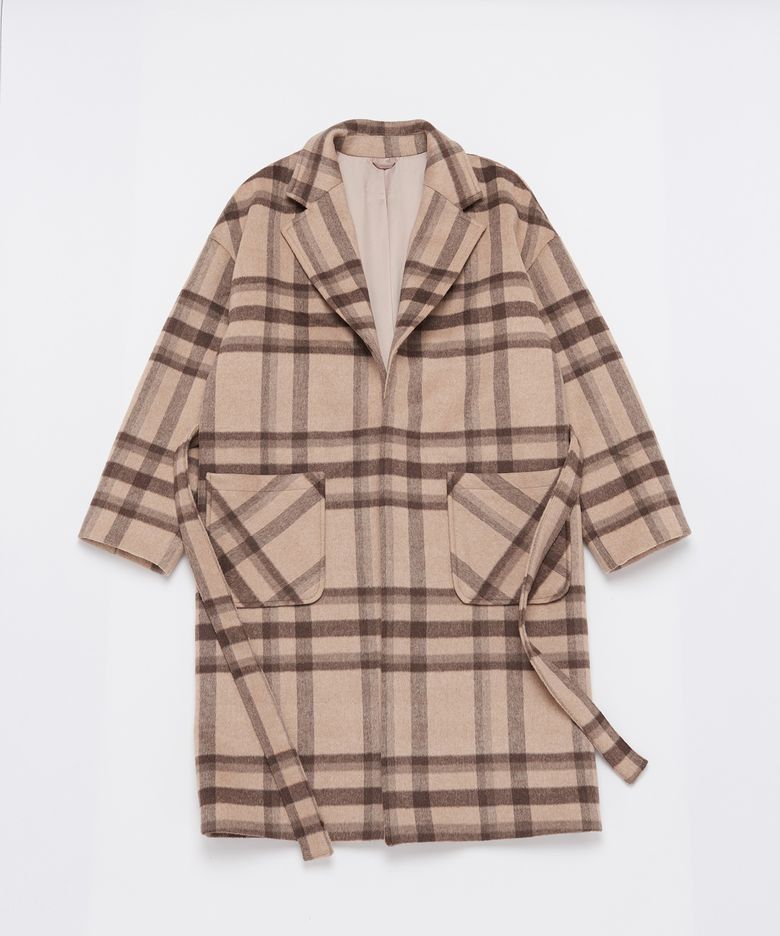 OVERSIZE WOOL CHECK ROBE COAT (Beige)