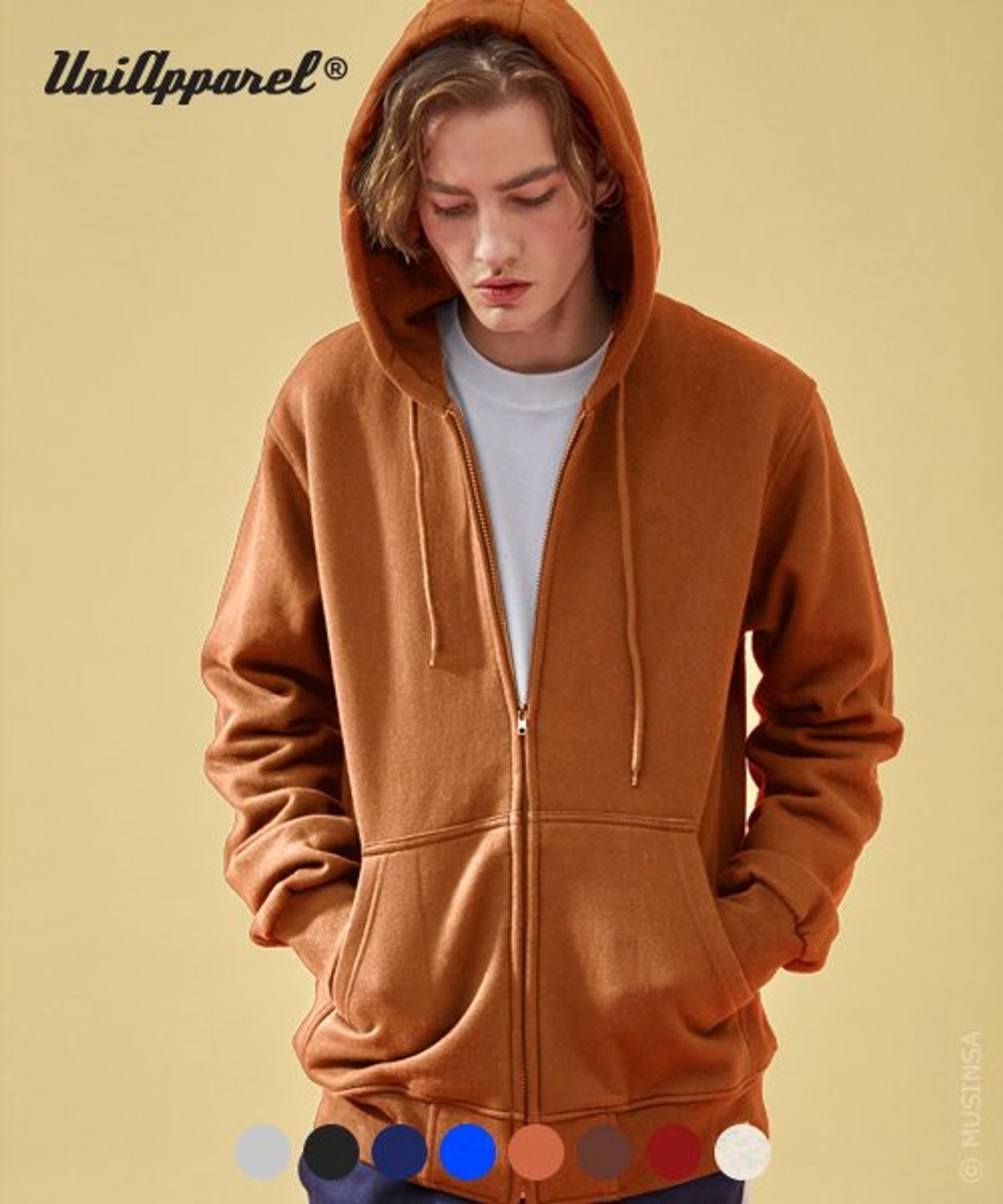 유니어패럴(UNI APPAREL) 베이직 기모 후드집업 카멜