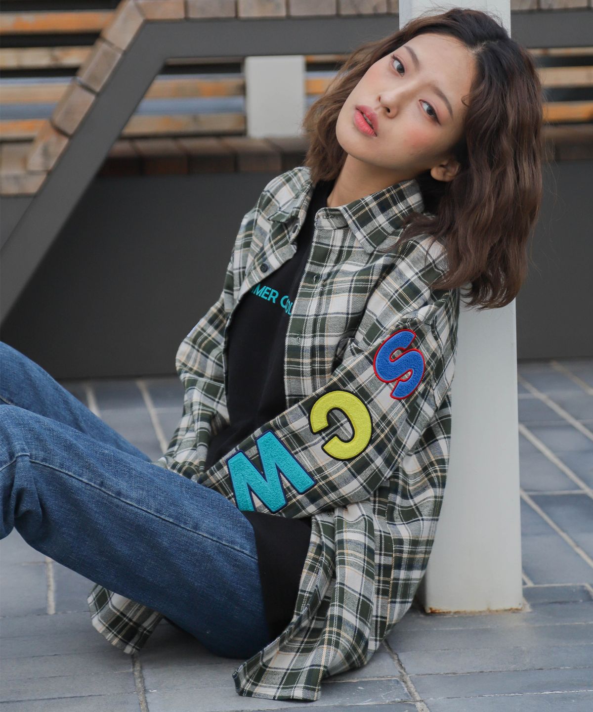 코드아이엠(CODE I'M) SCW LOGO OVER FIT TARTAN CHECK SHIRT IVORY