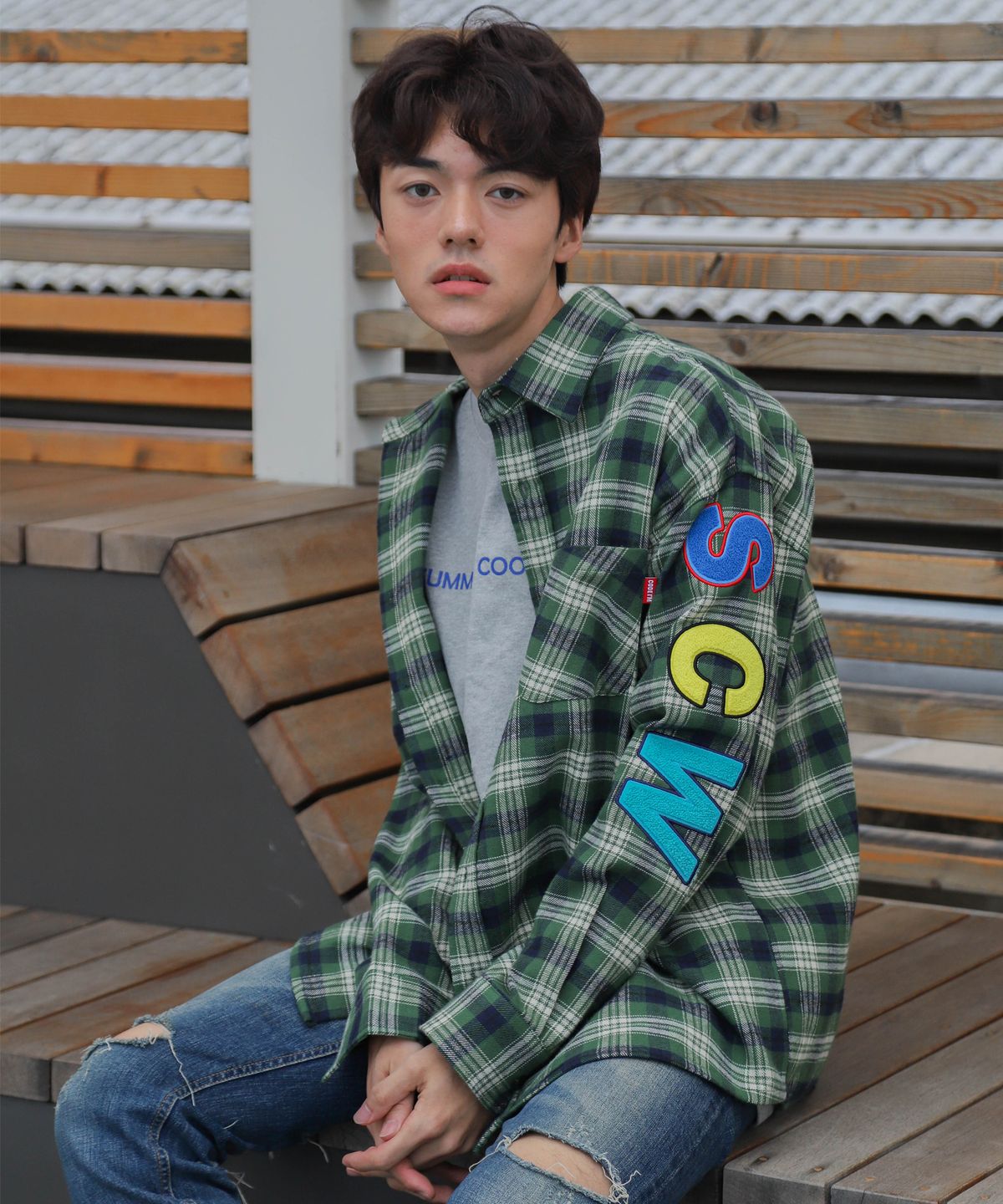 코드아이엠(CODE I'M) SCW LOGO OVER FIT TARTAN CHECK SHIRT KHAKI