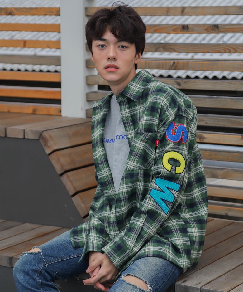 SCW LOGO OVER FIT TARTAN CHECK SHIRT KHAKI
