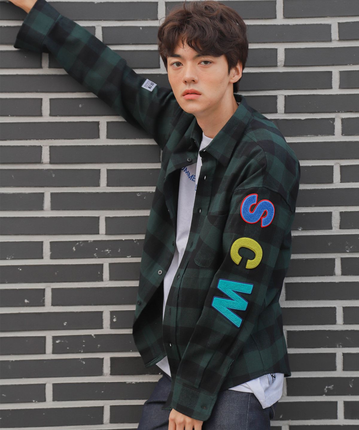 코드아이엠(CODE I'M) SCW LOGO OVER FIT GINGHAM CHECK SHIRT GREEN