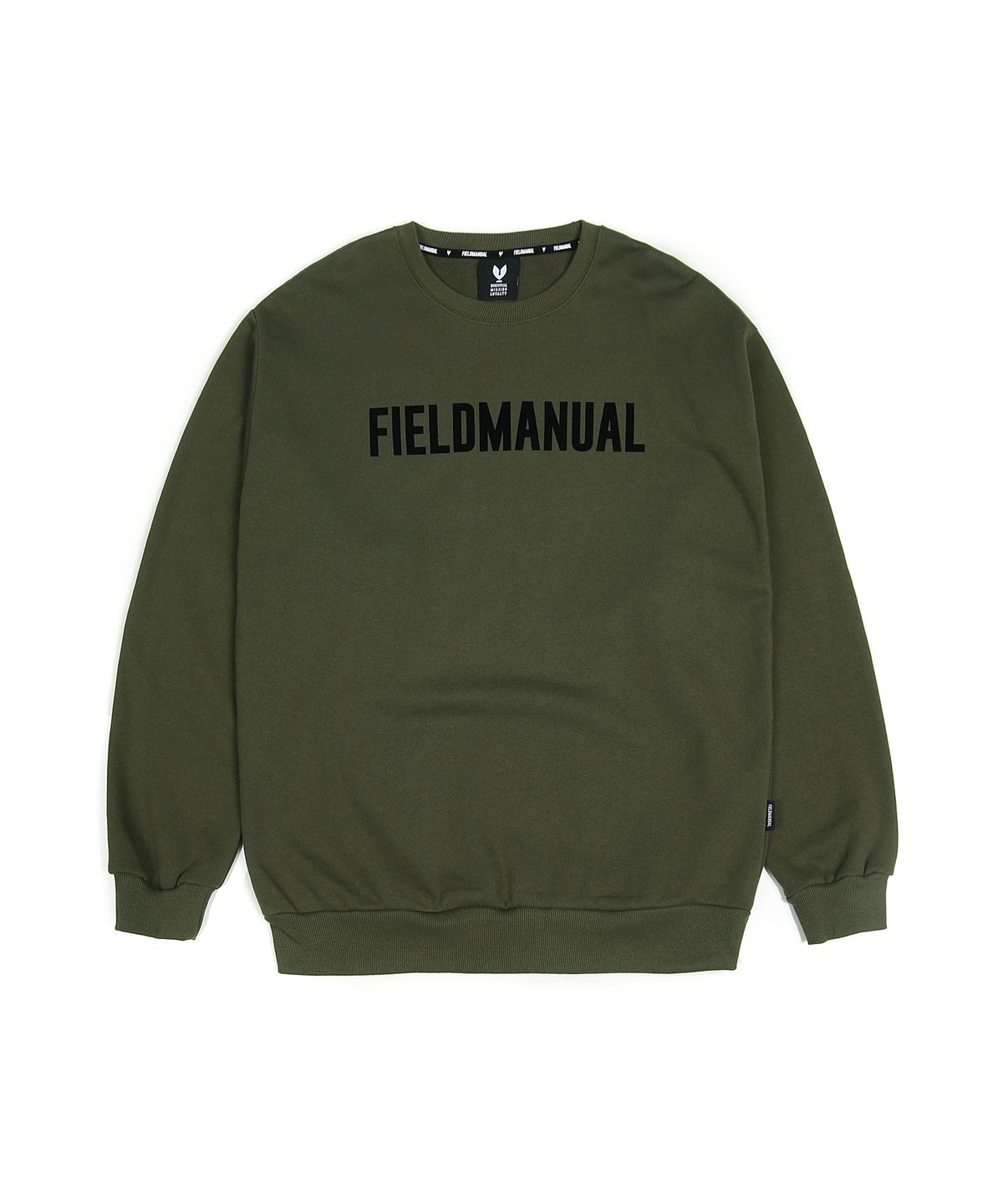 필드매뉴얼(FIELDMANUAL) 플록드 로고 스웨트셔츠 카키