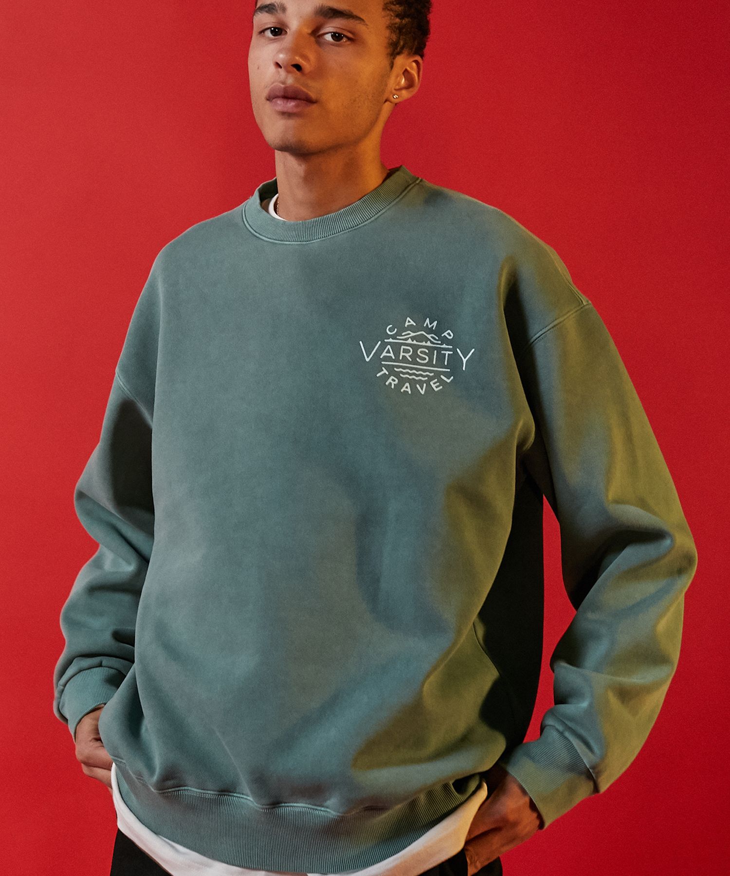 MUSINSA | TRAVEL CAMP VARSITY PIGMENT SWEATSHIRT VERIDIAN GREEN