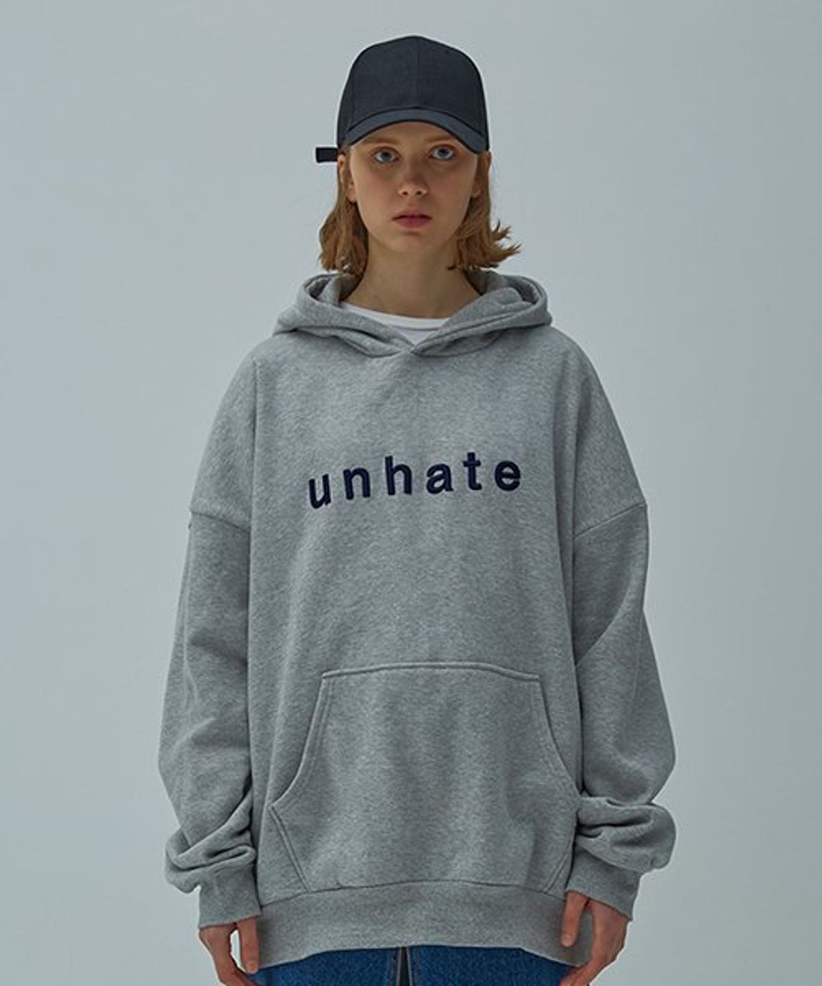 언헤이트(UNHATE) 오버핏 로고 후드 그레이