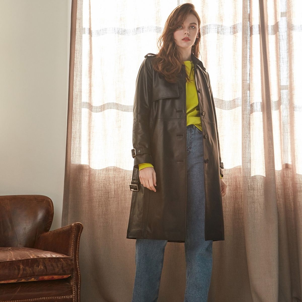핀블랙(PINBLACK) LAMB SKIN SINGLE TRENCH COAT BLACK