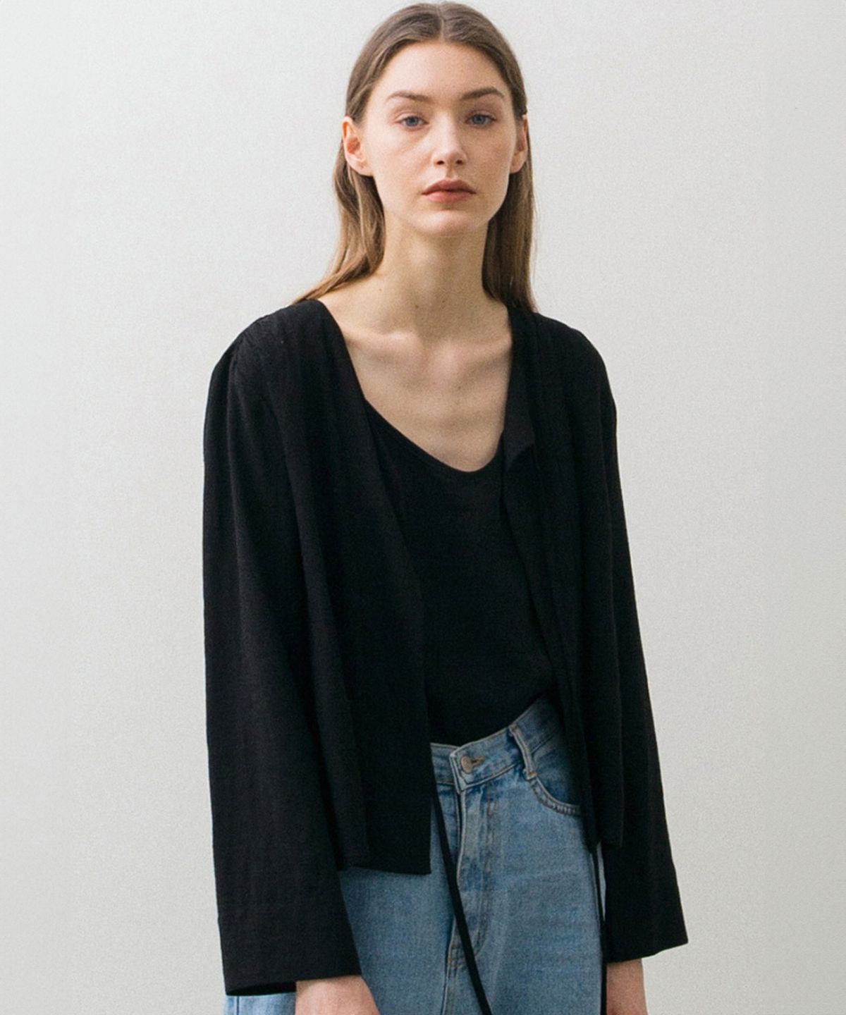 논로컬(NONLOCAL) Linen Shirring Cardigan - Black