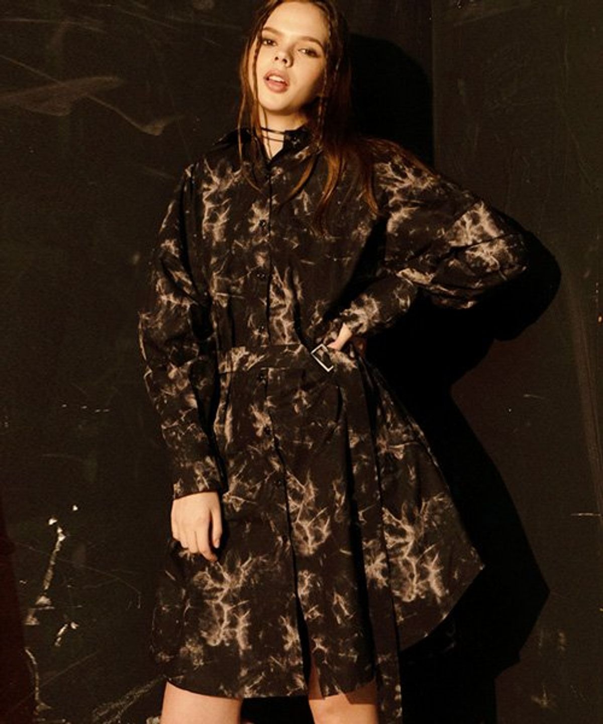 비에이블투(B ABLE TWO) Oversized Tie Dye Shirts Dress (BLACK)