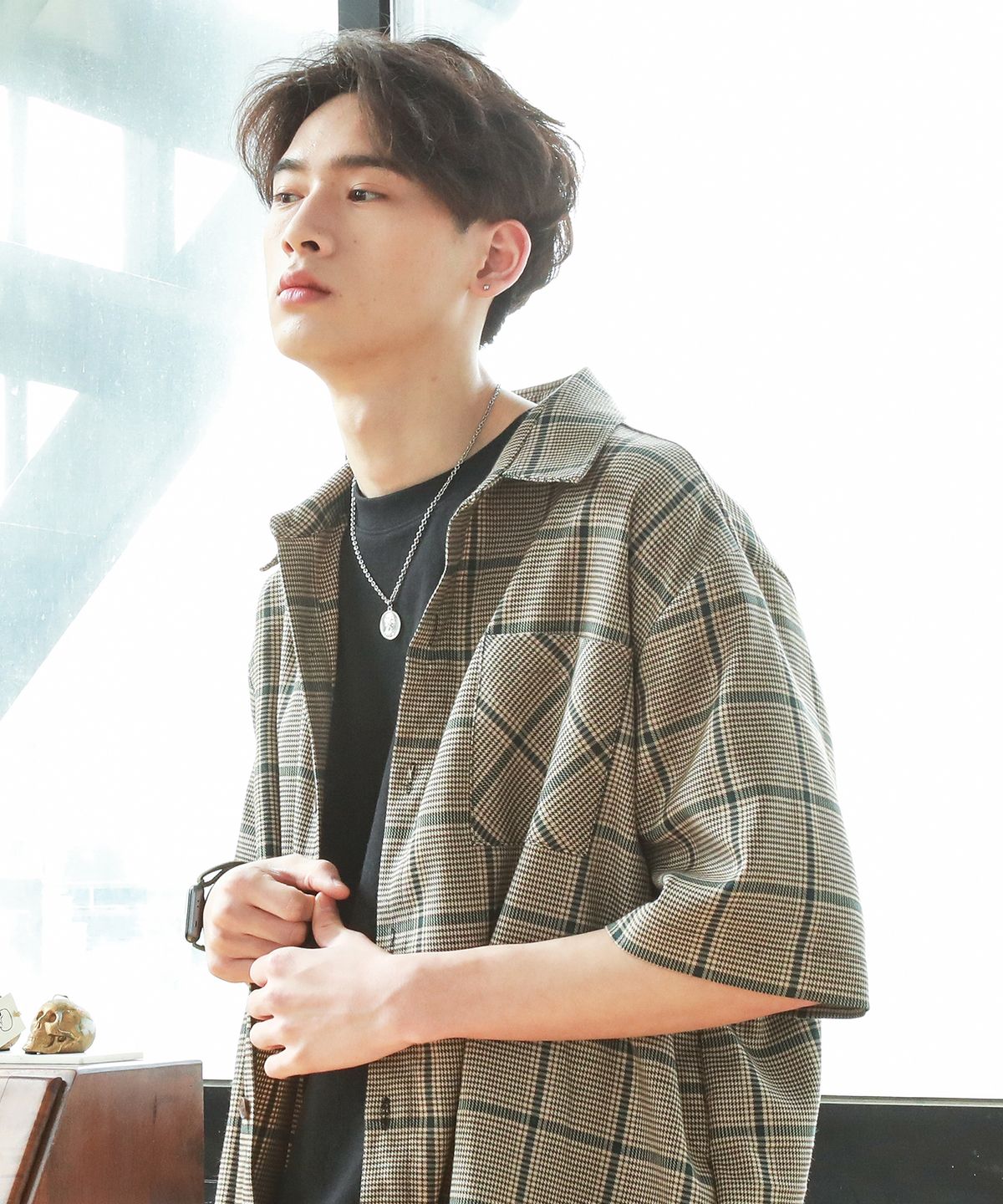 제멋(JEMUT) 하운드 투스 체크 반팔셔츠 카키 HSSS2207
