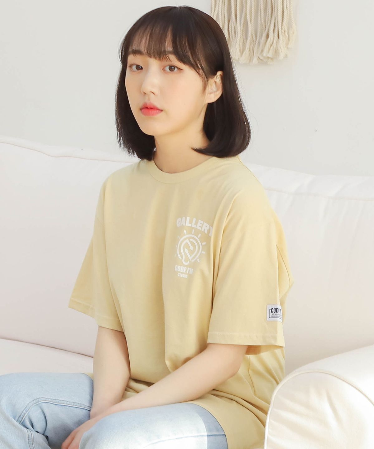 코드아이엠(CODE I'M) 30수 싱글 심볼 로고 프린트 오버핏 반팔티 옐로우