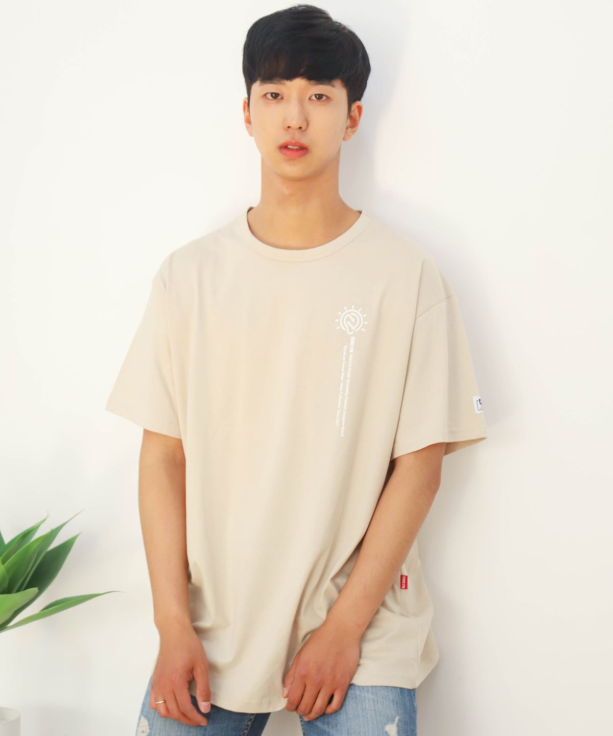 코드아이엠(CODE I'M) 30수 싱글 심볼 레터링 프린트 오버핏 반팔티 베이지