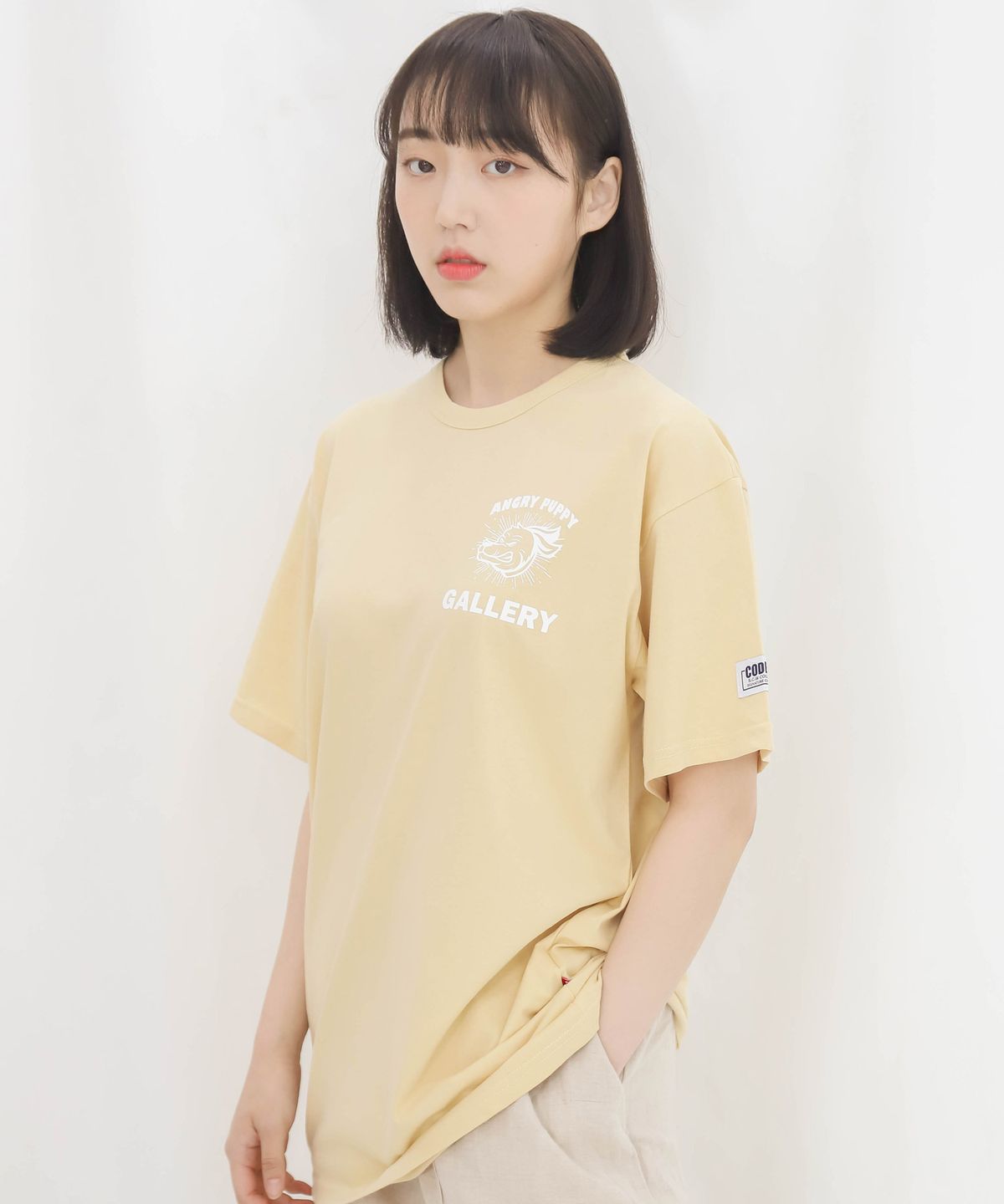 코드아이엠(CODE I'M) 30수 싱글 앵그리퍼피2 프린트 오버핏 반팔티 옐로우