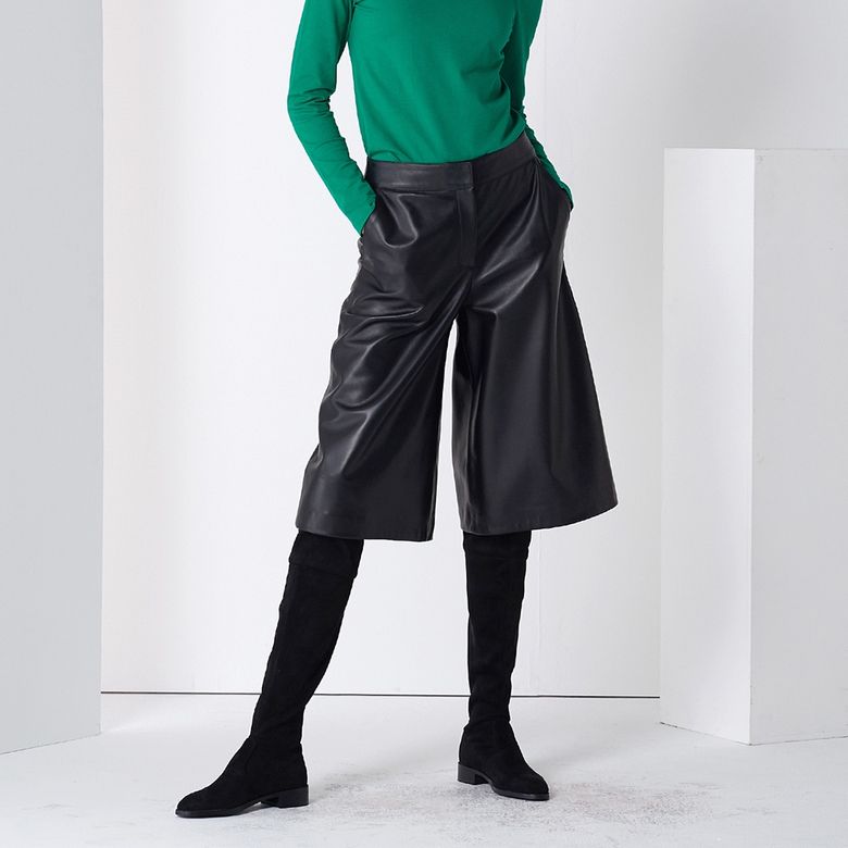 LAMB SKIN MIDI WIDE PANTS BLACK
