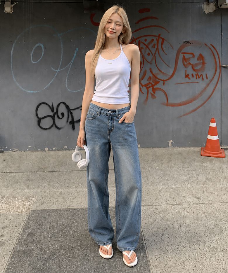 9085 유니섹스 진청 세미와이드 데님팬츠