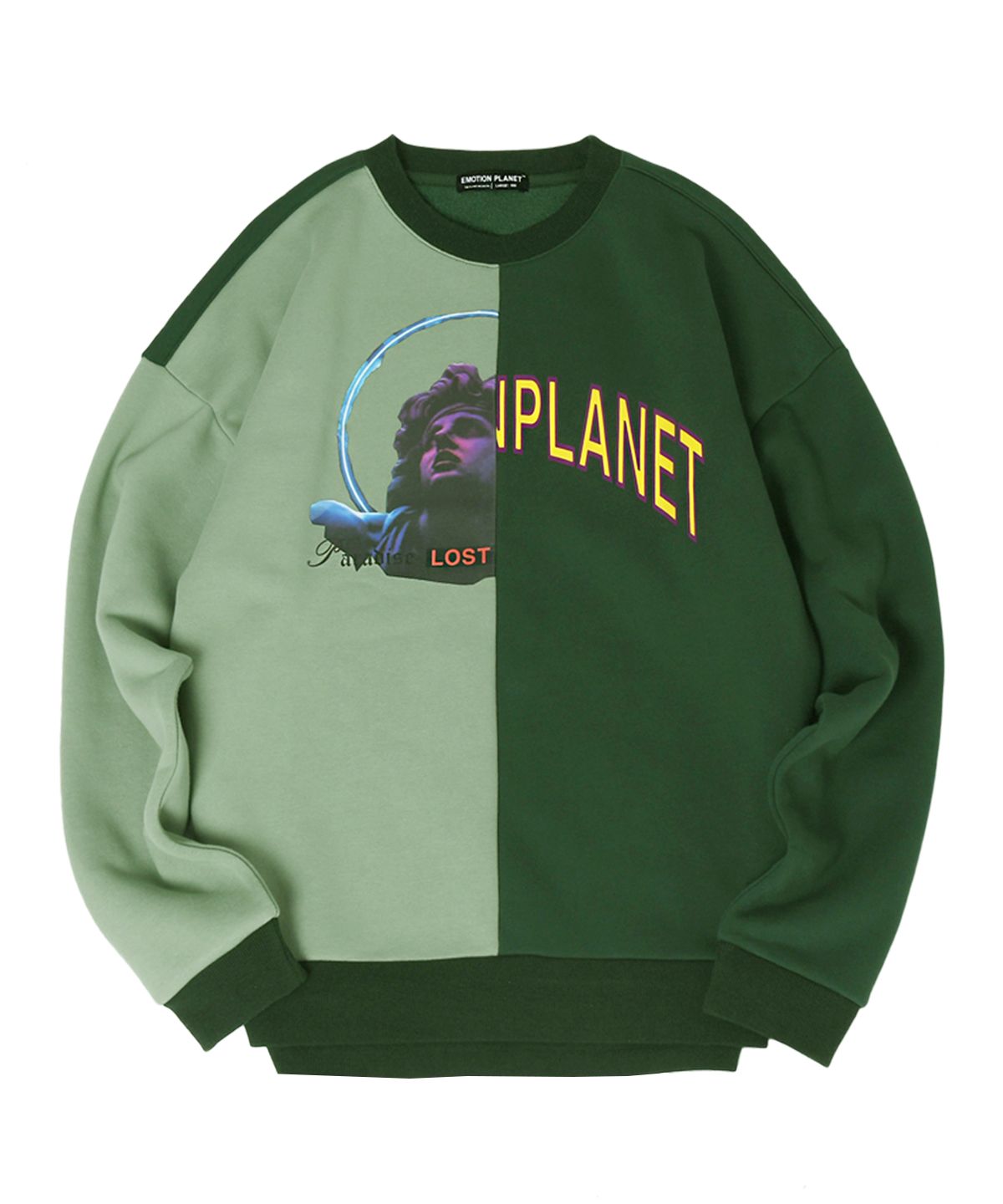 이모션플래닛(EMOTION PLANET) 하프 엔 하프  오버 스웻 셔츠 (카키)
