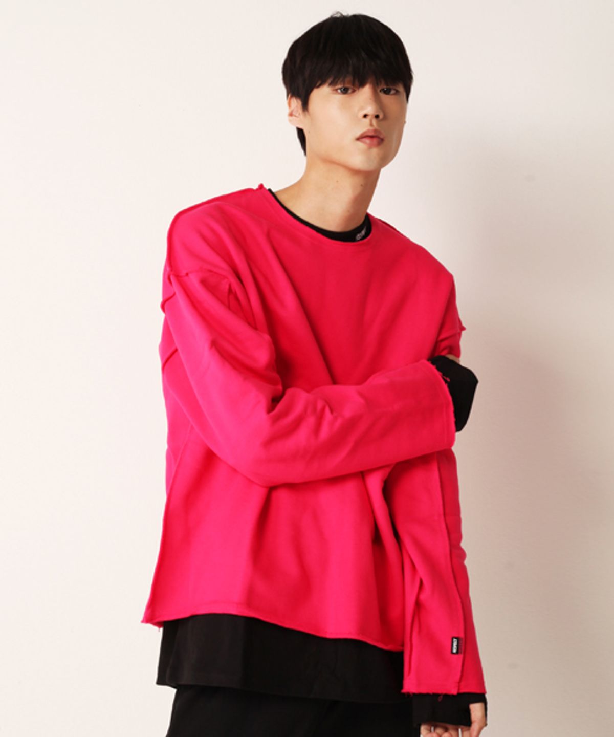 리스펙트(RESPECT) 크롭 레이어드 리스펙트 맨투맨 (핑크)