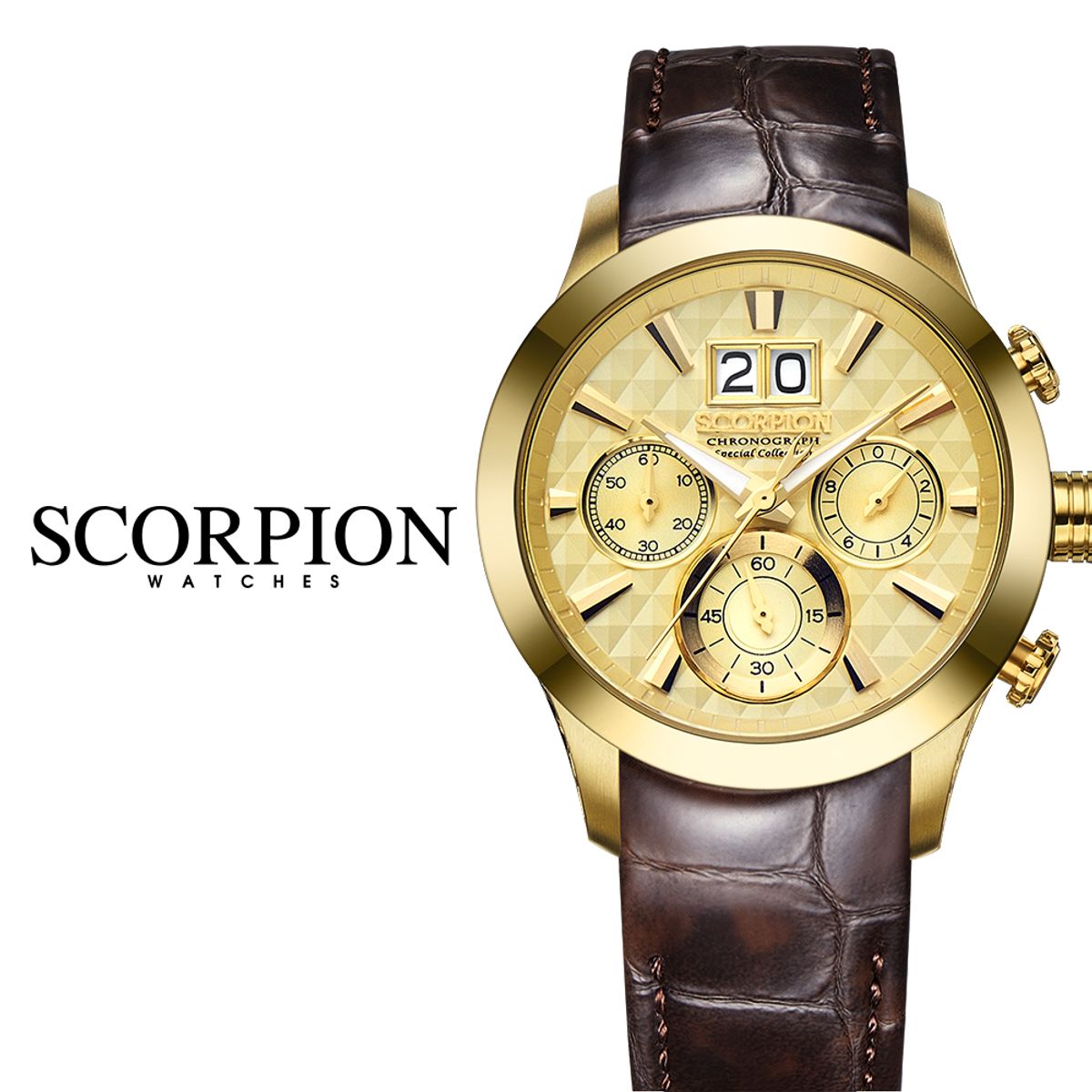 스콜피온(SCORPION) Sebek 빅데이트 크로노 D버클 가죽시계 SP3350L-GD