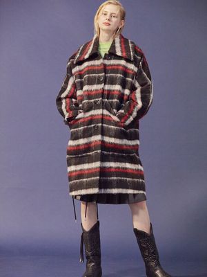 백 러플 체크 롱코트/블랙