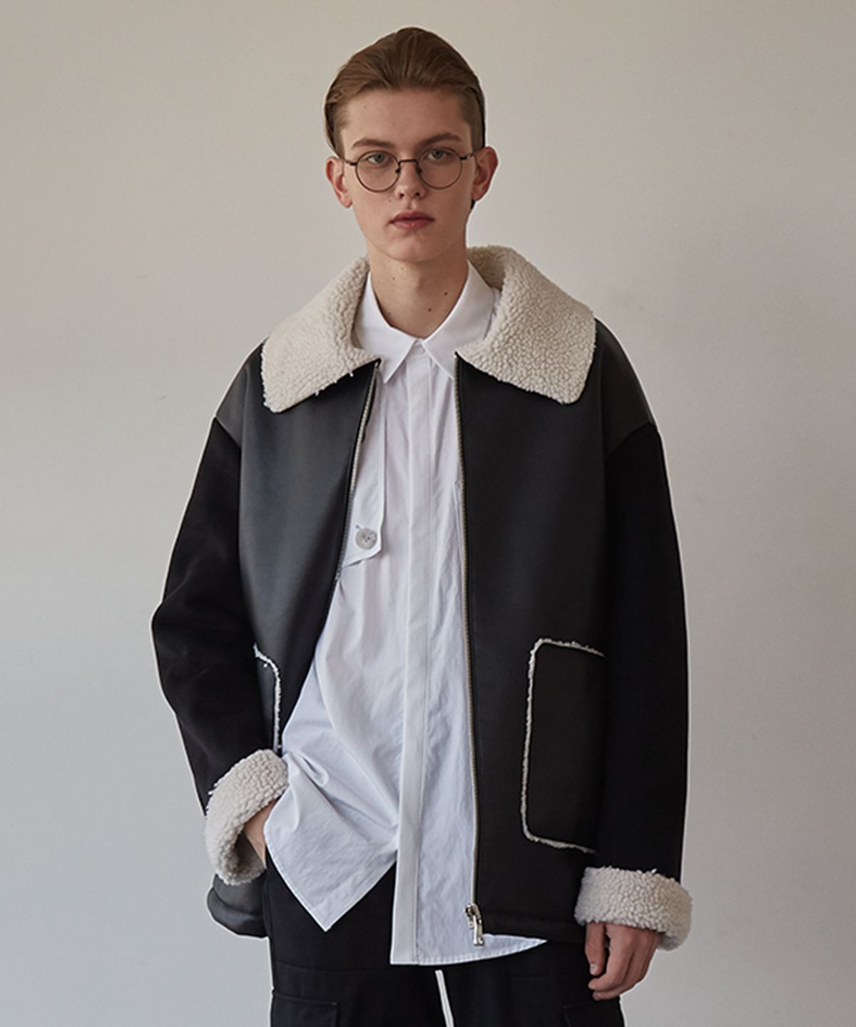 뮤게(MUGUET) LEATHER MIX MUSTANG JACKET (BLACK)