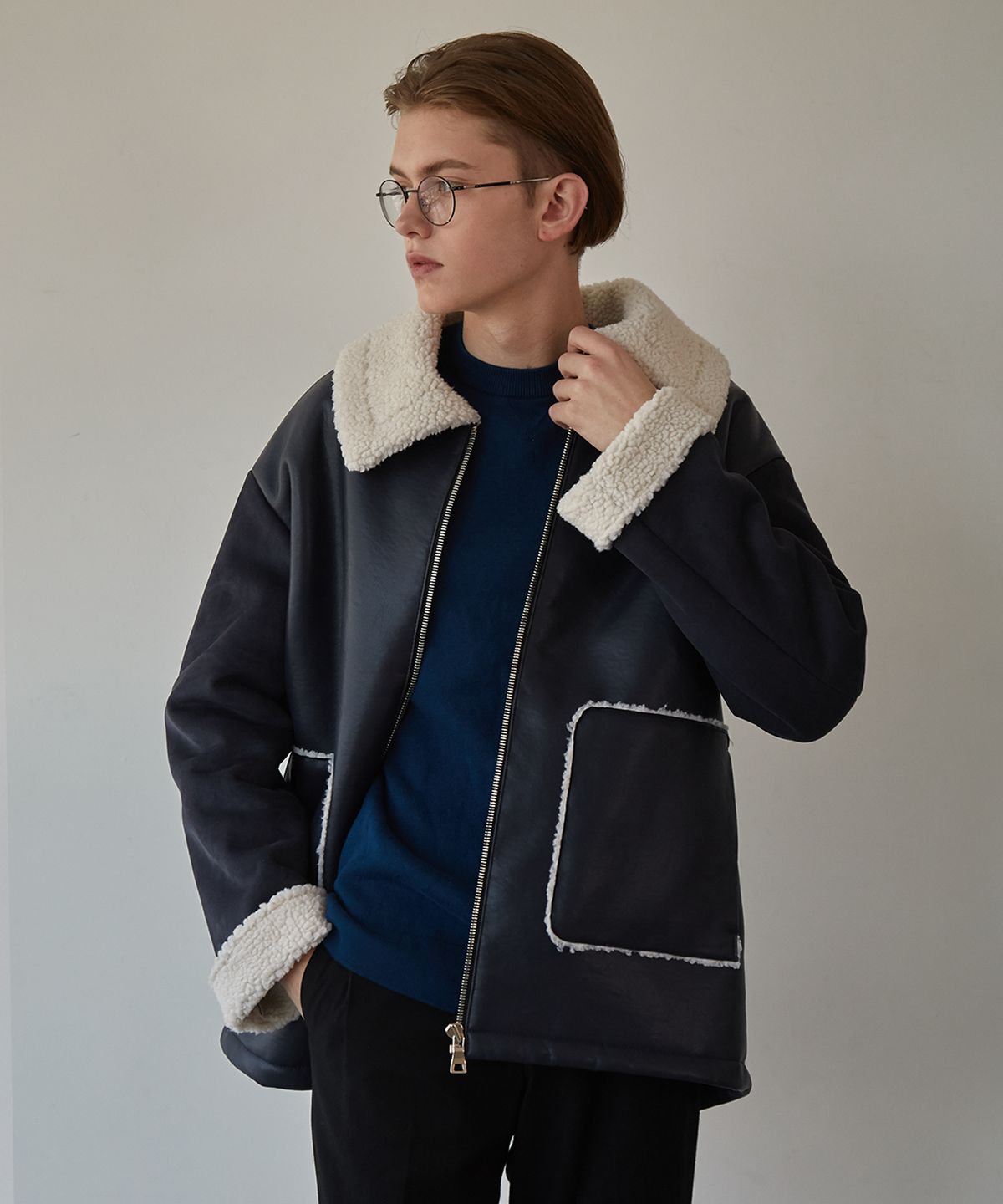 뮤게(MUGUET) LEATHER MIX MUSTANG JACKET (NAVY)