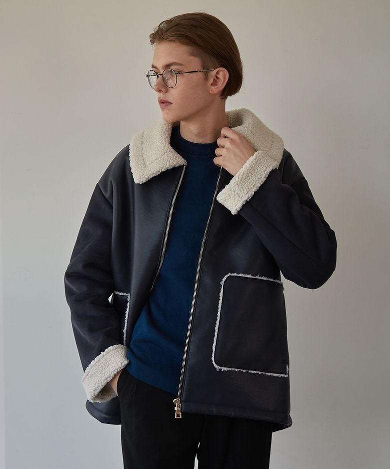 LEATHER MIX MUSTANG JACKET (NAVY)