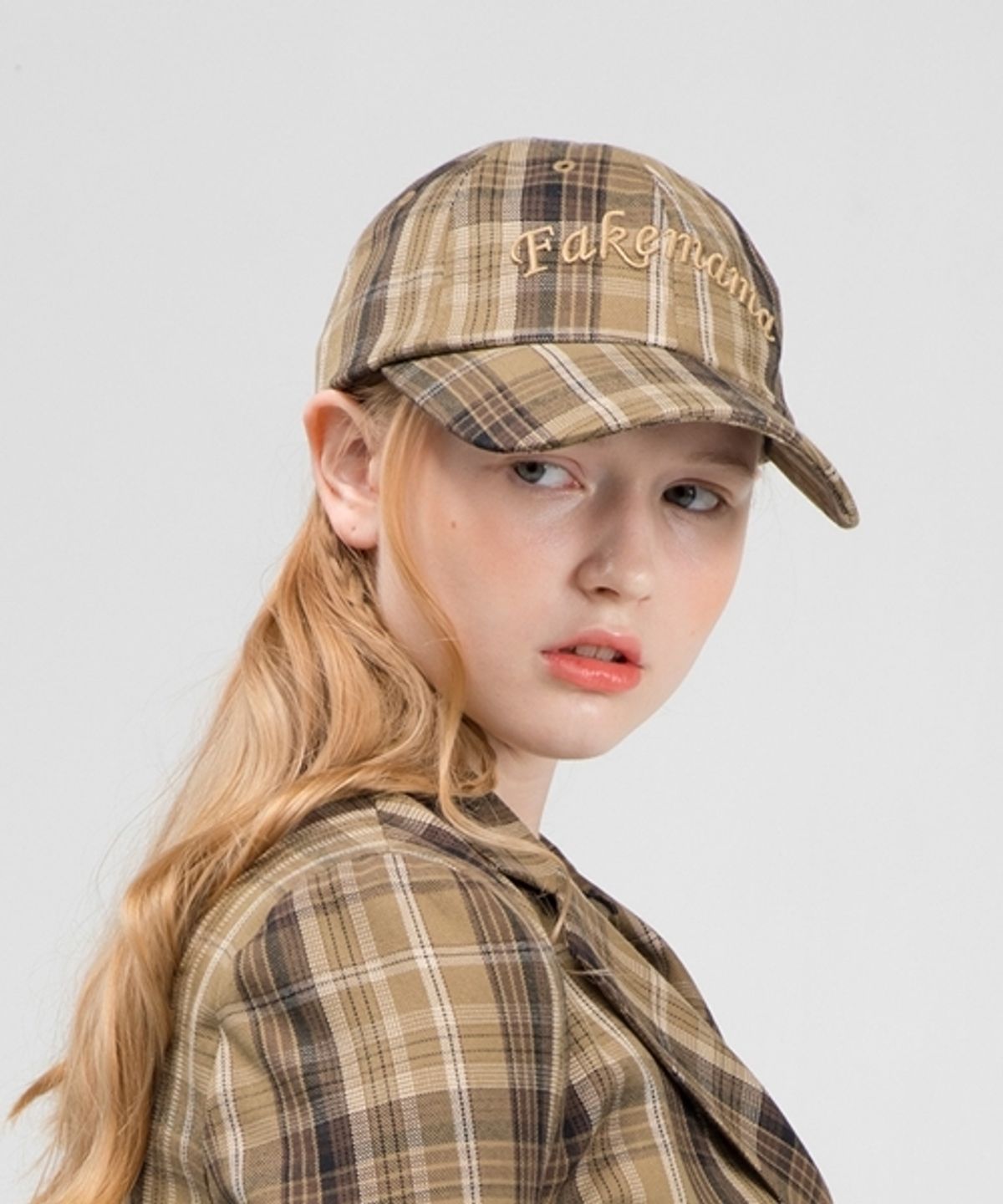 페이크마마(FAKEMAMA) 체크 볼캡[OLIVE]