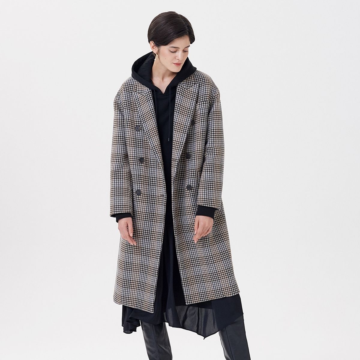핀블랙(PINBLACK) HANDMADE CHECK COAT KHAKI BROWN
