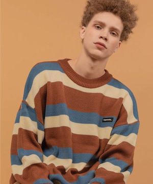 와펜 로고 믹스컬러 스웨터 블루카멜