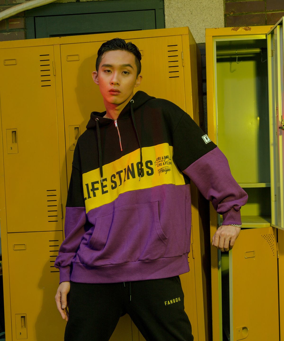 팽고(FANGOH) LIFE STINGS 후드 집업 black+yellow+purple