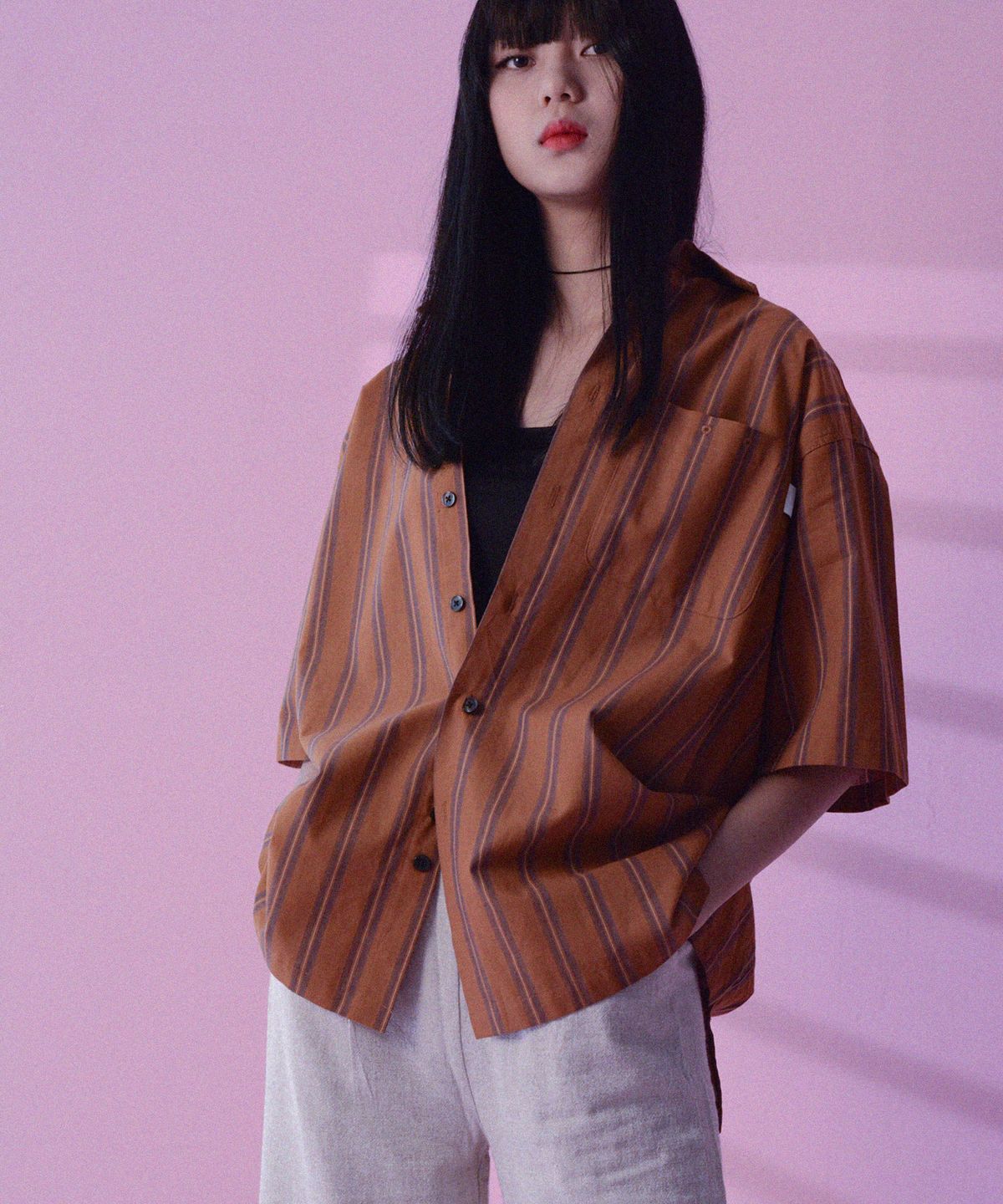 아이멀크(IMIRK) 드롭백 스트라이프 셔츠 (머스터드)
