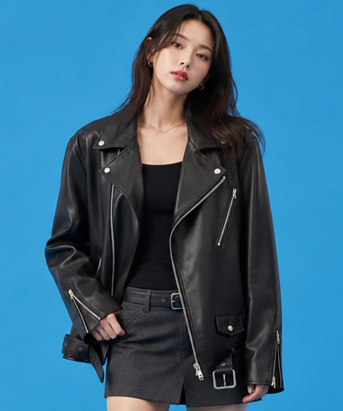 콜릿(KOLEAT) WOMEN 오버핏 마일드레더 라이더자켓 [벨트탈부착]