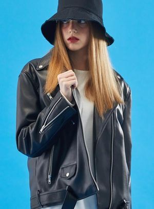 WOMEN 오버핏 마일드레더 라이더자켓 [벨트탈부착]