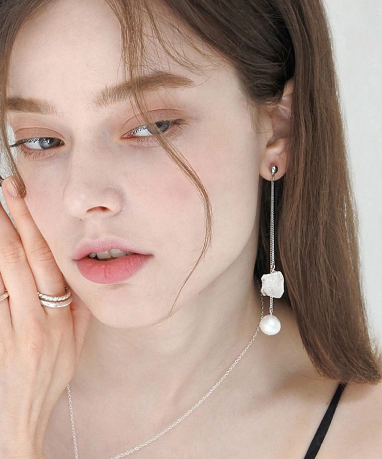 Slim chain stone earring_ Clear [2way]
