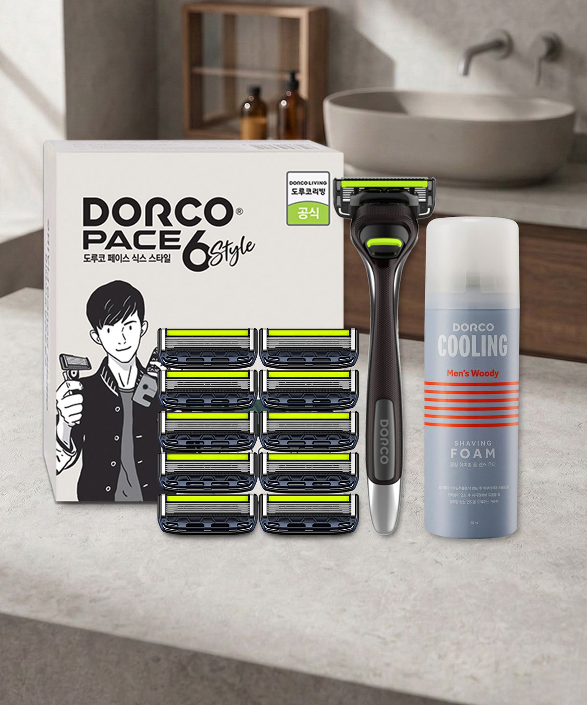 도루코(DORCO) 페이스6 스타일 면도기획세트 2호(면도기+면도날 총11입+74ml 쉐이빙폼)