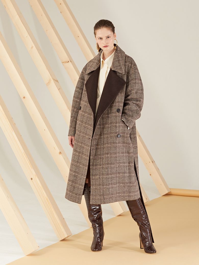Oversized Wool Glen Check Coat_Brown